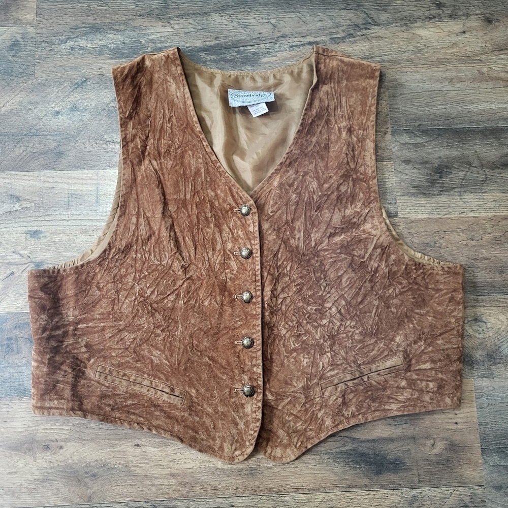 Vintage Women's Stonebridge Brown Faux Suede Buttondown Vest Size 16